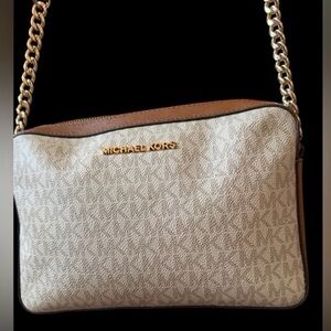 Like New Michael Kors Cream and Brown Leather-Trim Woman’s Crossbody Bag